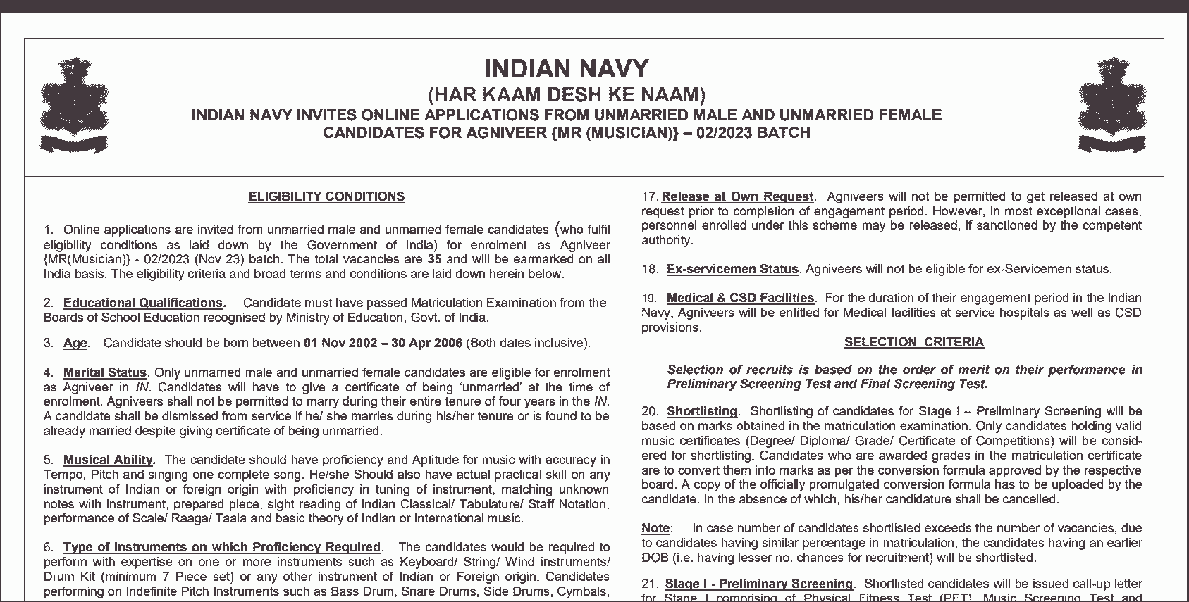 Indian Navy Agniveer MR Musician Bharti 2023