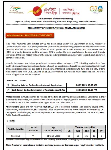 IPPB Executive Recruitment Online Form 2023