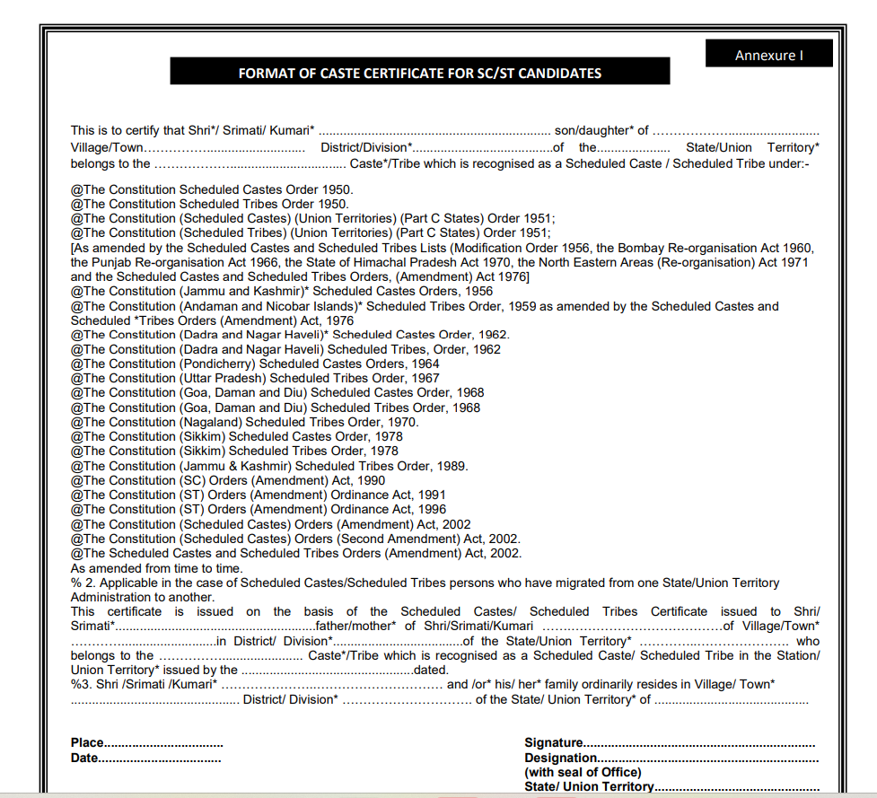 SC/ST Caste Certificate