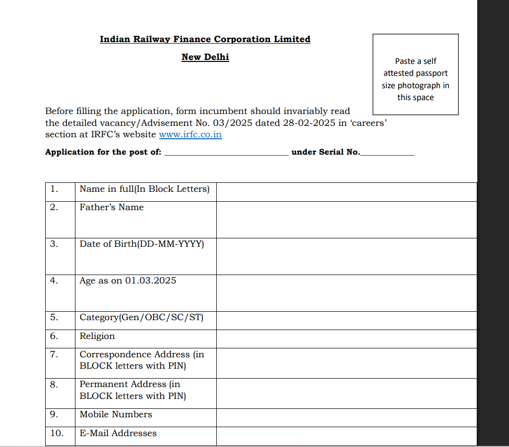 IRFC Application form 2025