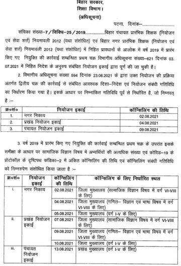 Bihar Teacher Niyojan Counselling 2021