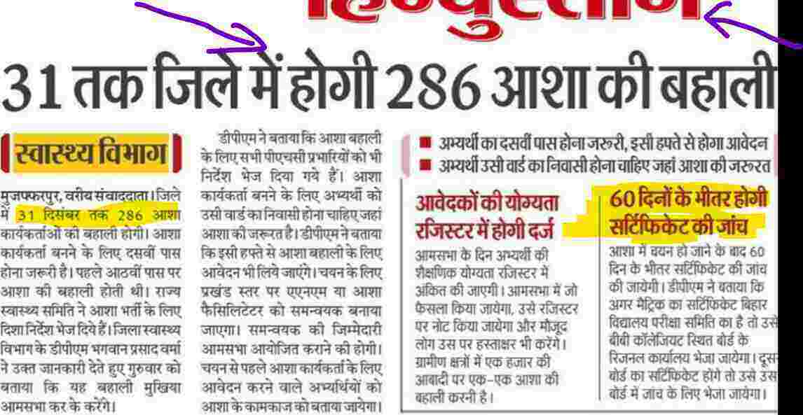 Bihar Asha Worker Recruitment 2022