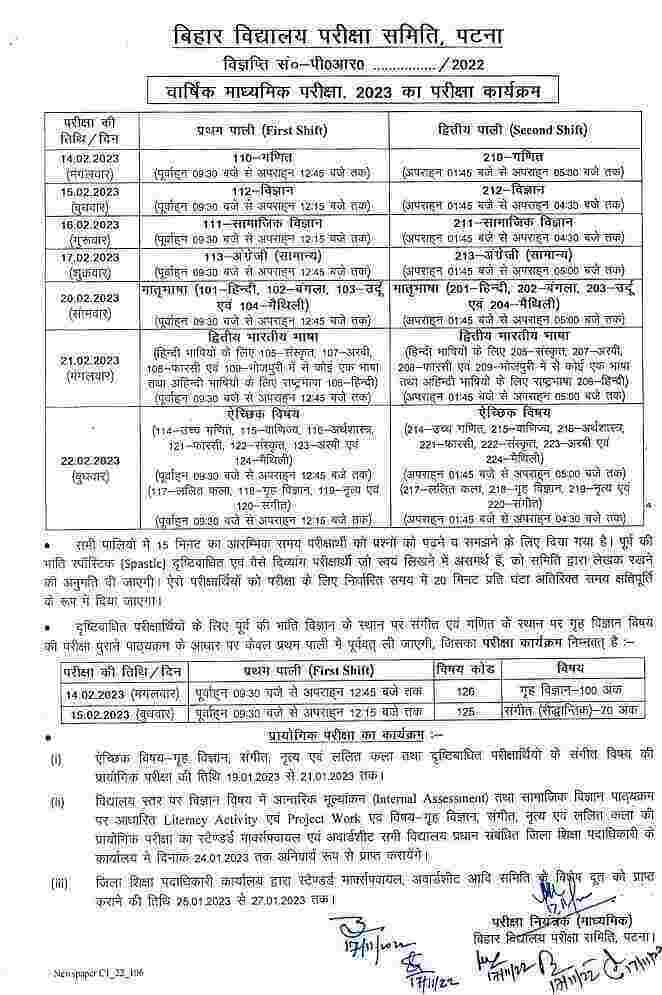 Bihar Board Matric Exam Date 2023