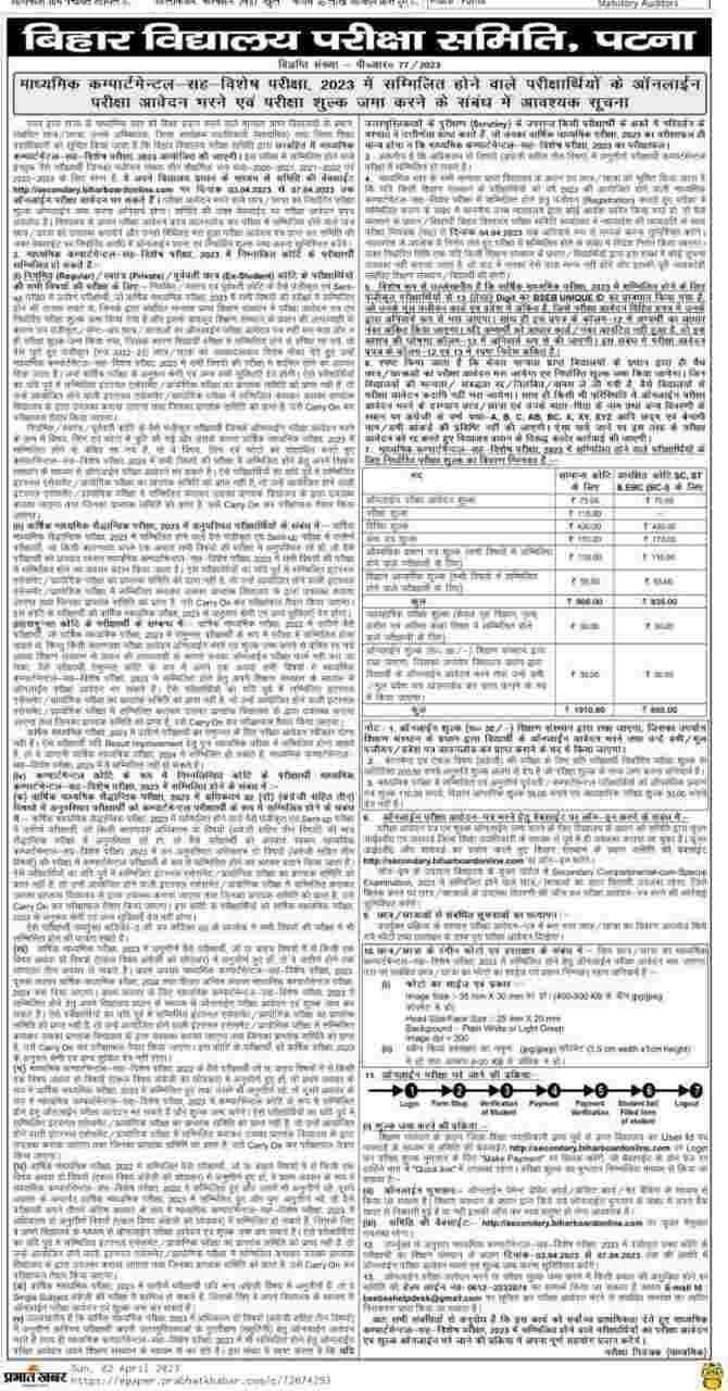 Bihar Board Matric Compartmental Exam 2023- Online Apply Date & Fees