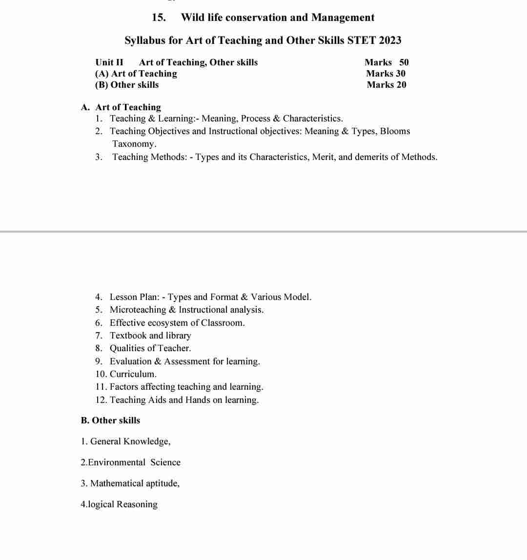 Bihar STET Paper 2 Zoology Syllabus
