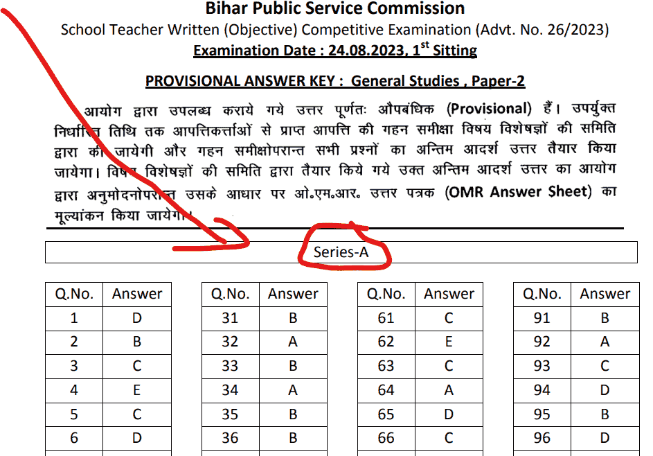 BPSC Teacher Exam Answer key 2023 bpsc.bih.nic.in