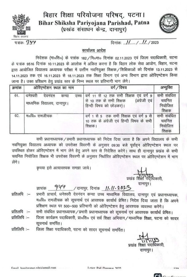 Bihar Teacher School Allotment list 2023
